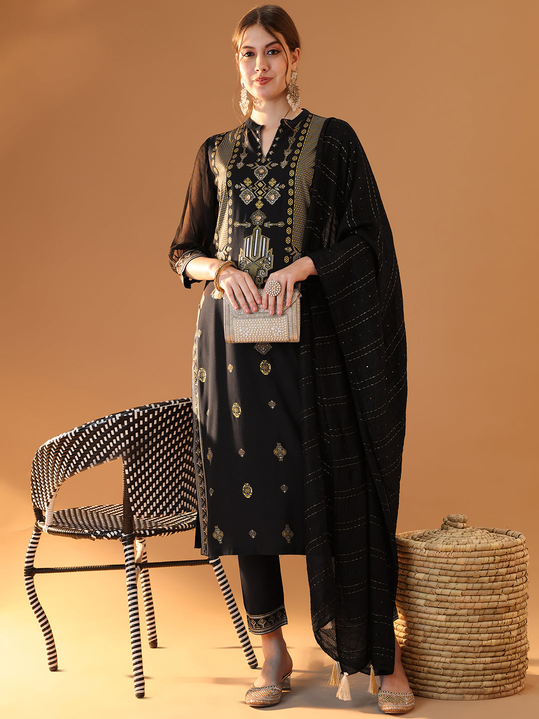 NOZ2TOZ Women's Black Rayon Kurta Set with Mandarin Collar and Chiffon Sleeves | Grab2Buy