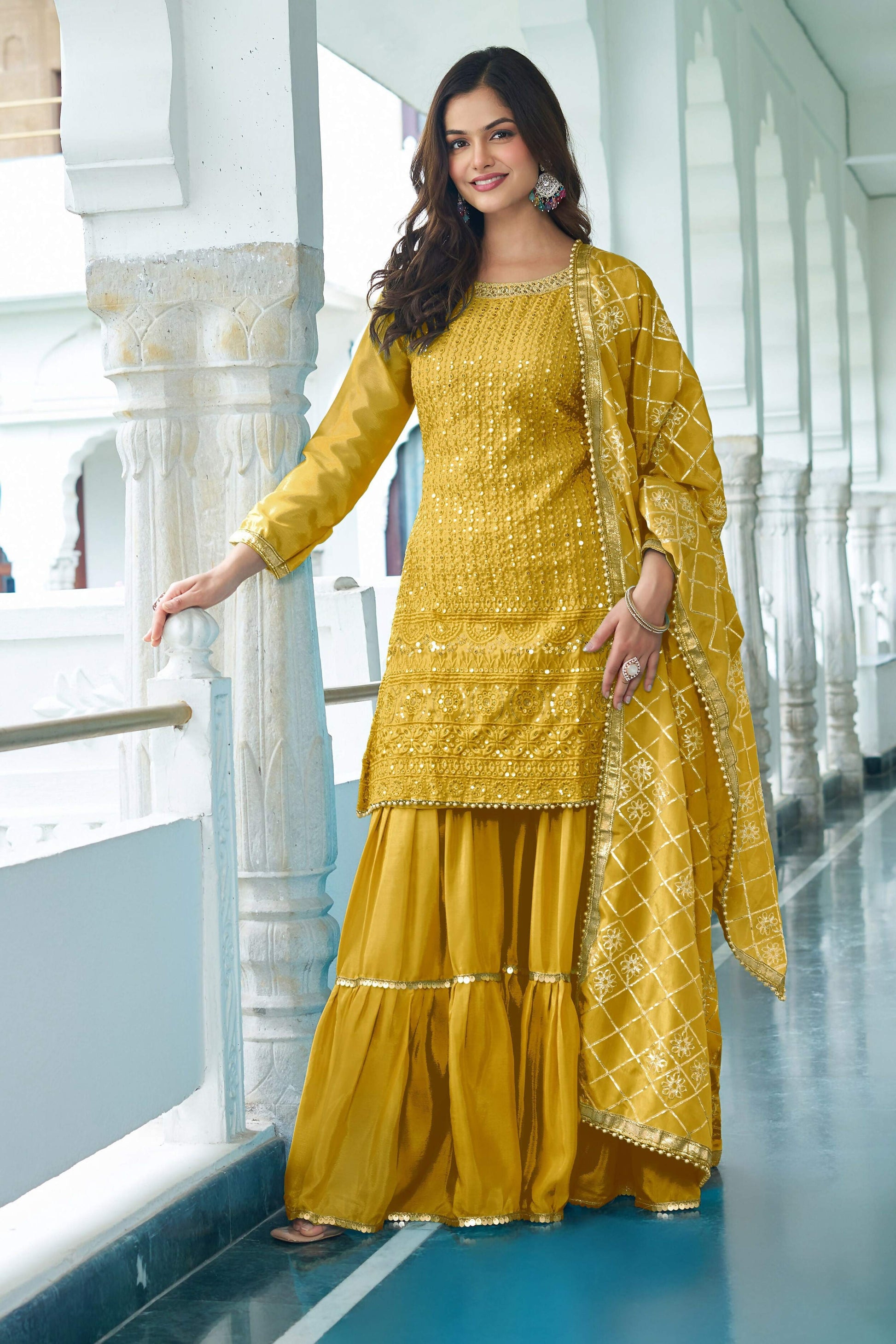 Joban Fashion Yellow Chinon Silk Embroidery Sequence Work Readymade Kurta Set