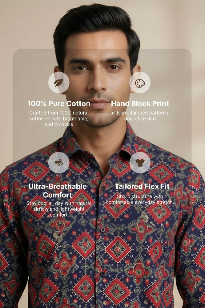 Durbar — Red Ajrakh Cotton Shirt by Hilo Design