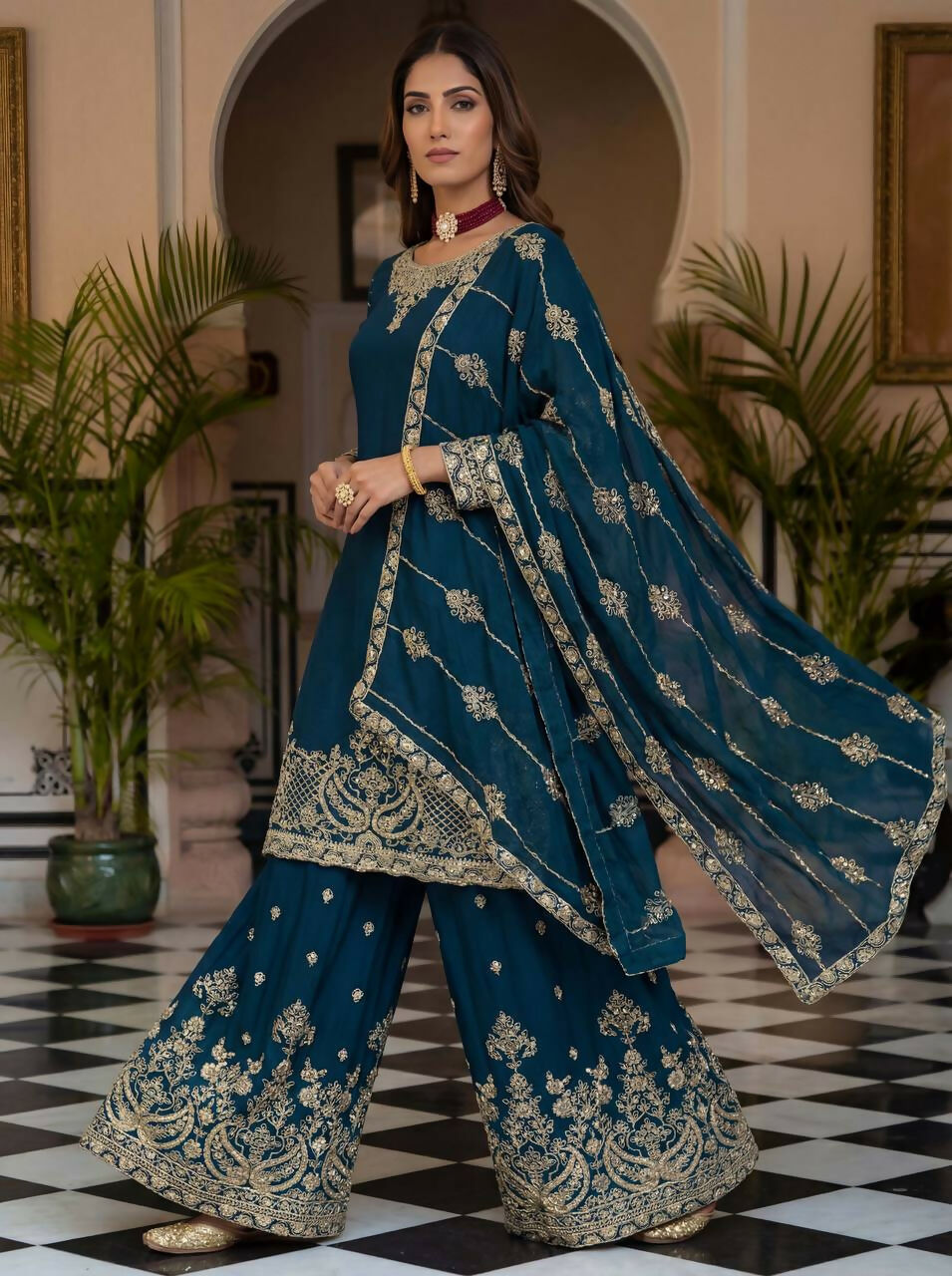 Joban Fashion Teal Silk Embroidered Sharara Set