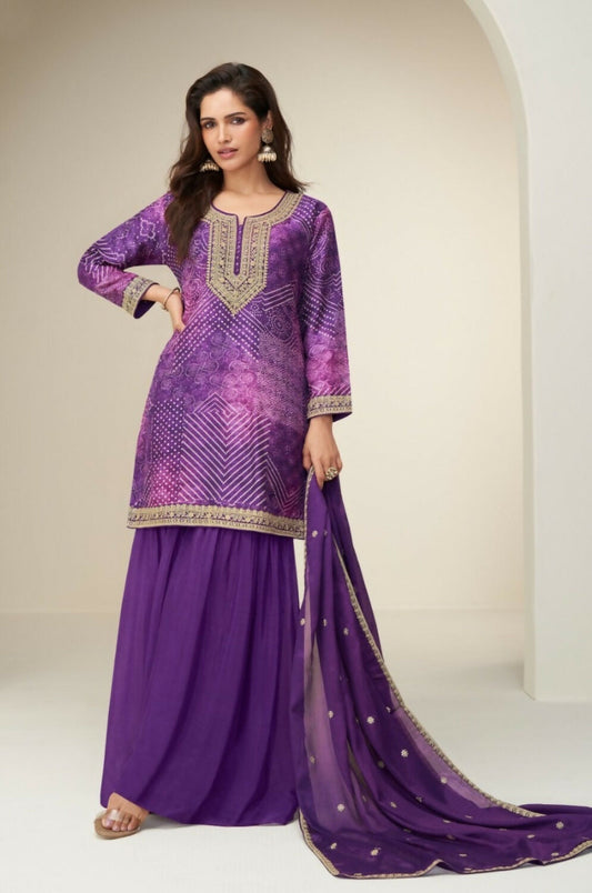 Anaita Purple Chinon Stitched Suit with Digital Print & Embroidery Coding Sequence Work