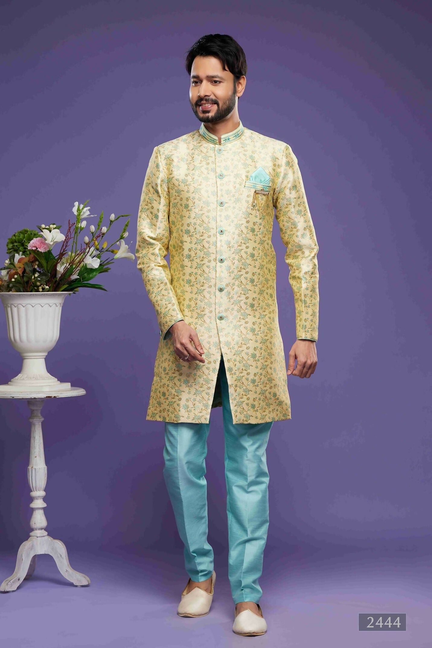 Raivat Ethnic Banarasi Jacquard Embroidery Semi Indo Western Sherwani In Gold Colour | Swadesiicart