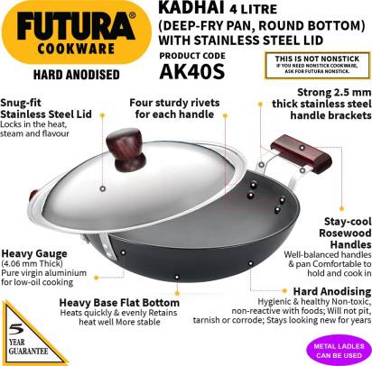 Hawkins Futura Hard Anodised Kadhai 30 cm Diameter with Lid 4 L (AK40S) - Grab2buy