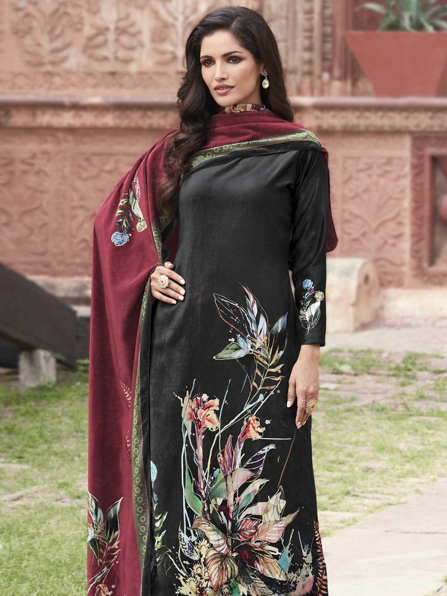Aastha Fashion Women's Black Velvet Floral Digital Printed Kurta with Trouser & Dupatta - Grab2buy