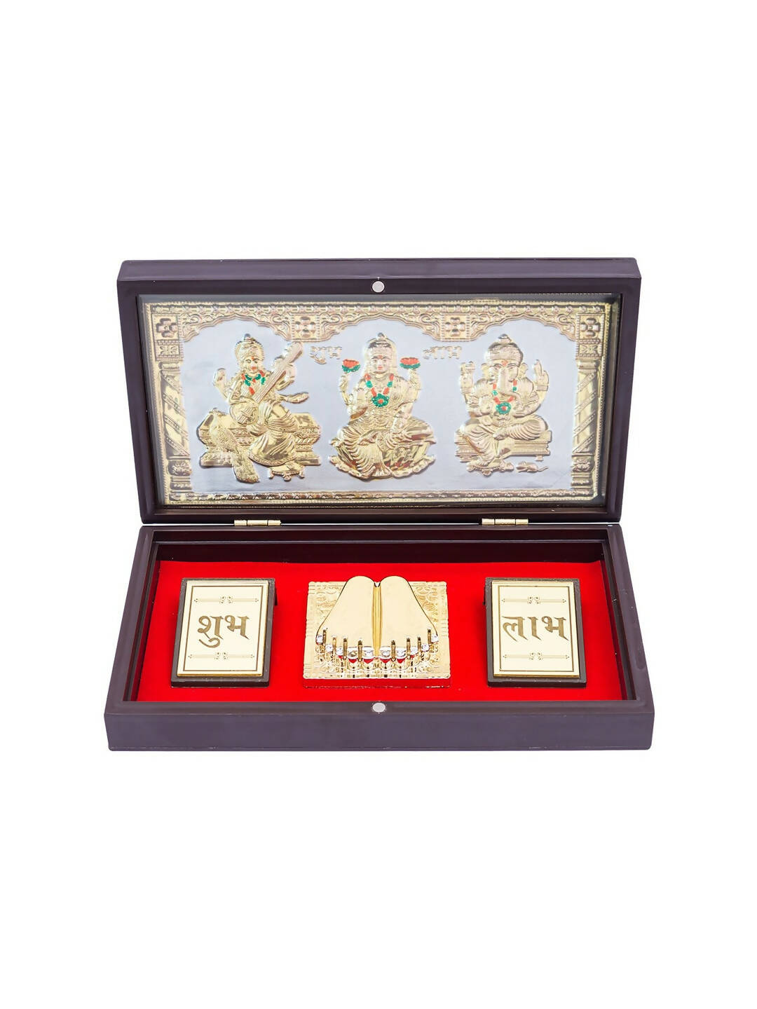 Golden Peacock 24 KT Gold-Polished Laxmi, Ganesha, Saraswati Pooja Box 