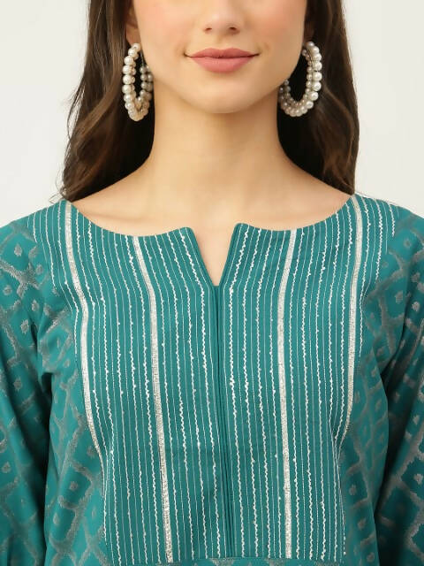 FIORRA Women's Teal Green Crepe Straight Kurta Skirt With Dupatta 