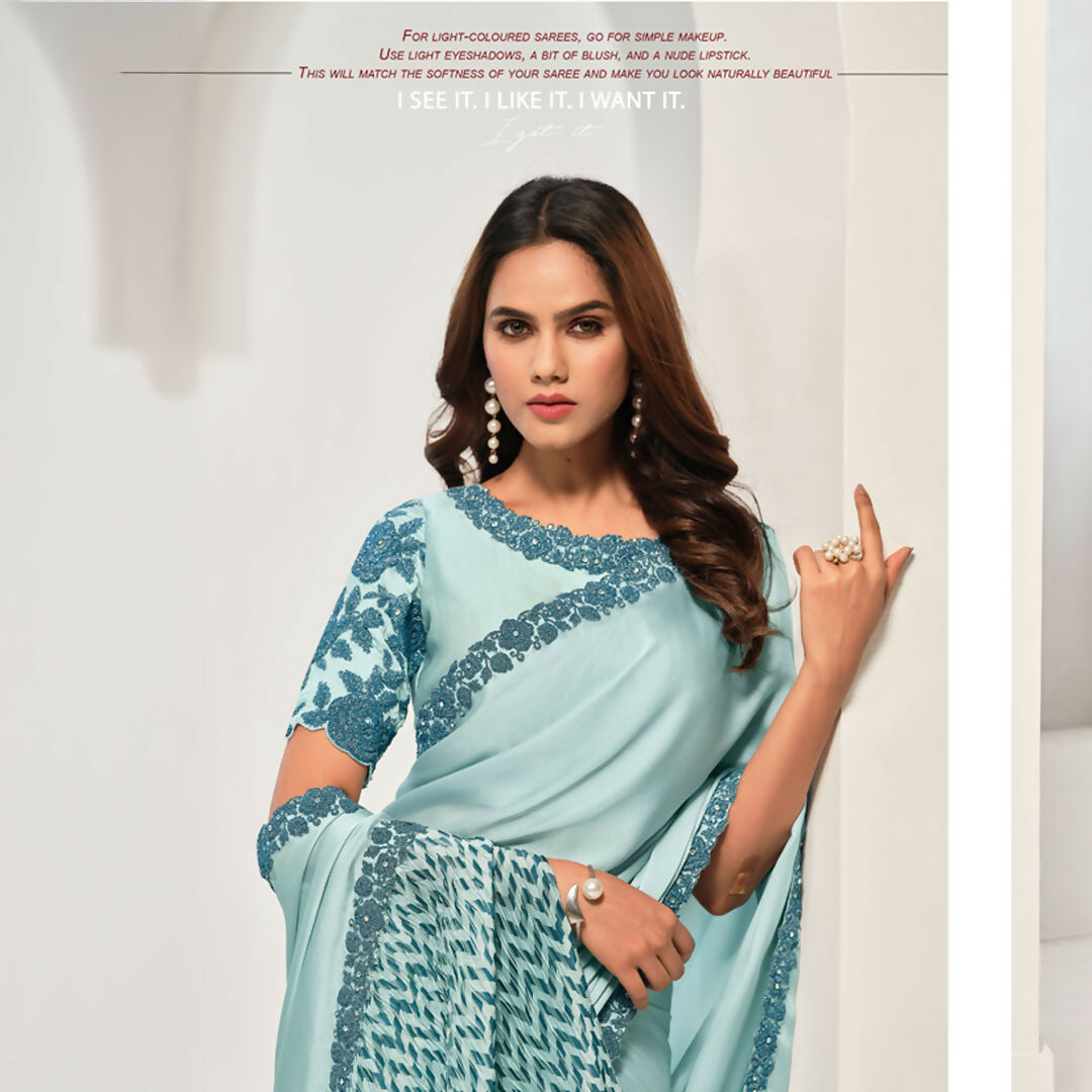 Light Blue Crepe Satin Silk Sequence Work Saree With Unstitched Blouse - Norita Saanjh