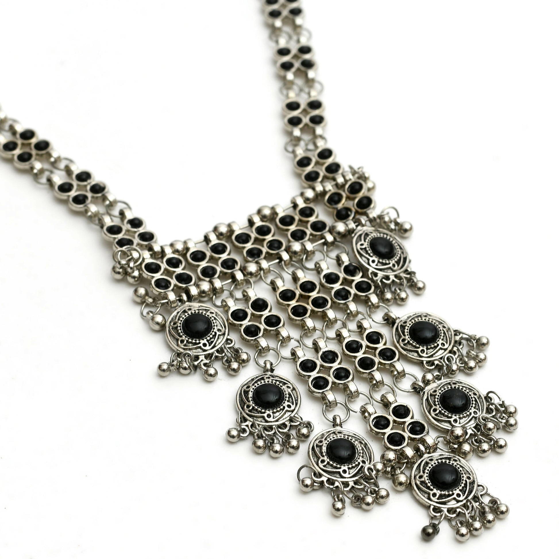 Mominos Fashion Johar Kamal Oxidised Silver-Plated Brass Finish Black Kundan Afghani Long Necklace For Women - Grab2buy