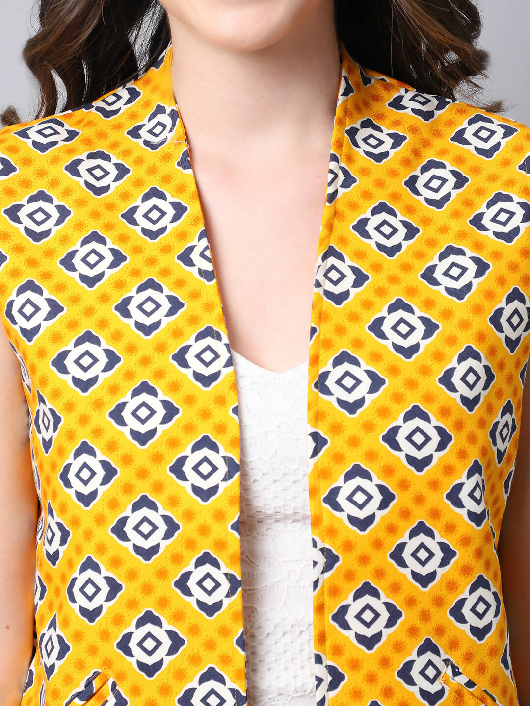 Even Apparels Yellow 100% Viscose Rayon Open Front Gillet 