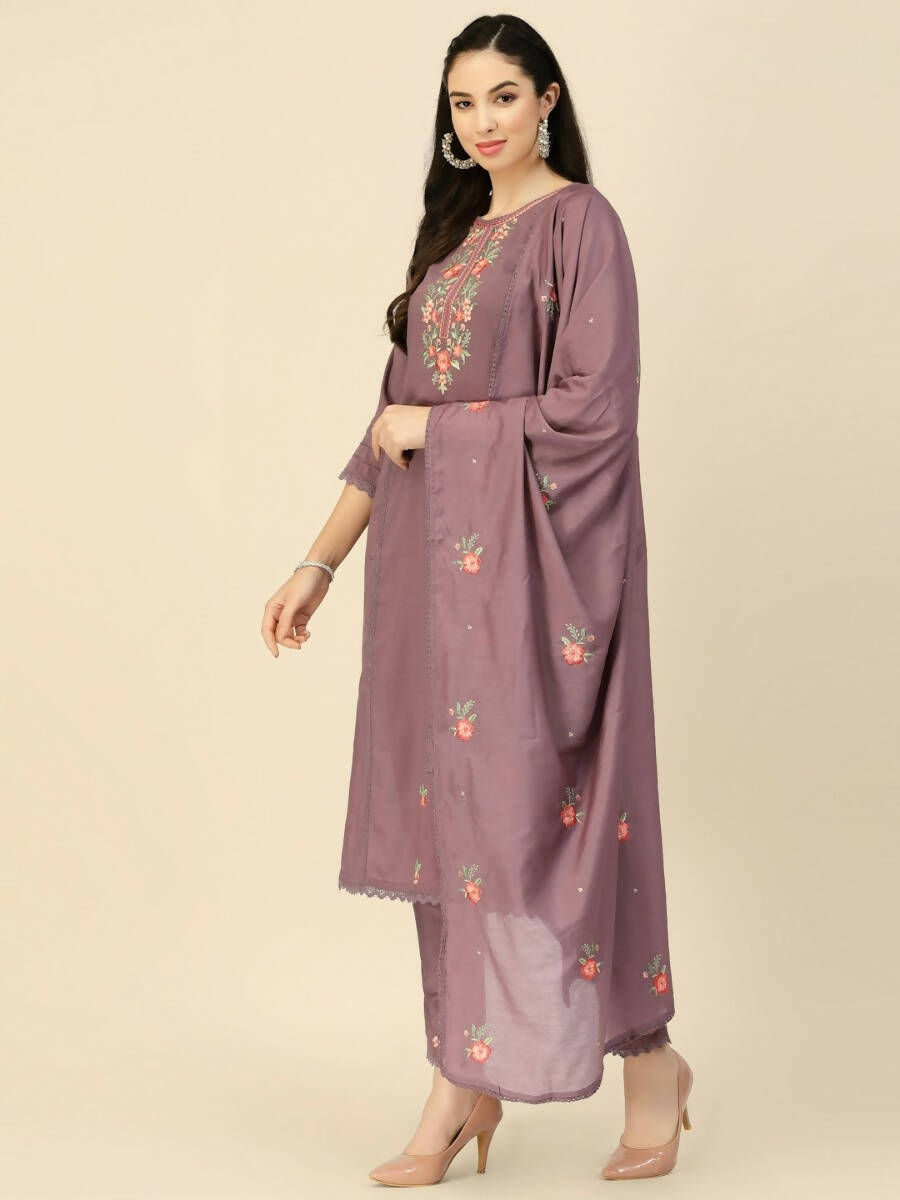 Purple Embroidered Chinon Straight Kurta With Trouser & Dupatta - Salimar