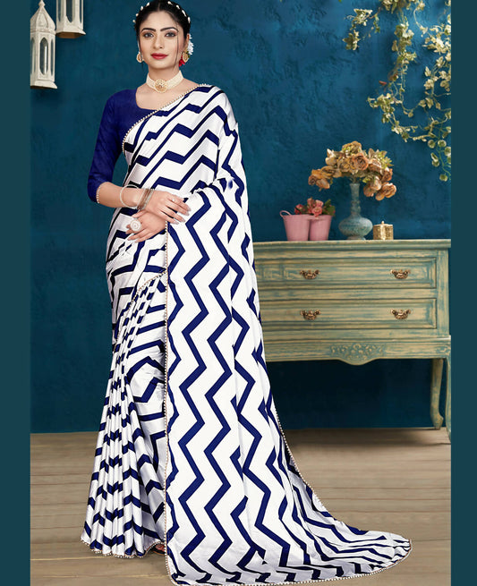 Blue Japan Satin Stripe Printed Saree With Unstitched Blouse Piece - Laavanya