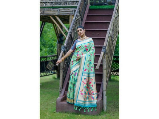 Aastha Fashion Women's Sea Green Banarasi Silk Meenakari Zari Woven Saree with Blouse - Grab2buy
