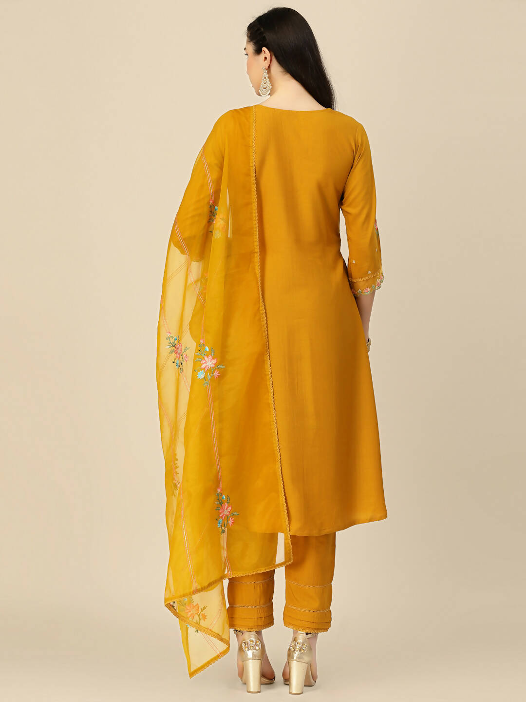 Mustard Embroidered Chinon Straight Kurta With Trouser & Dupatta - Salimar