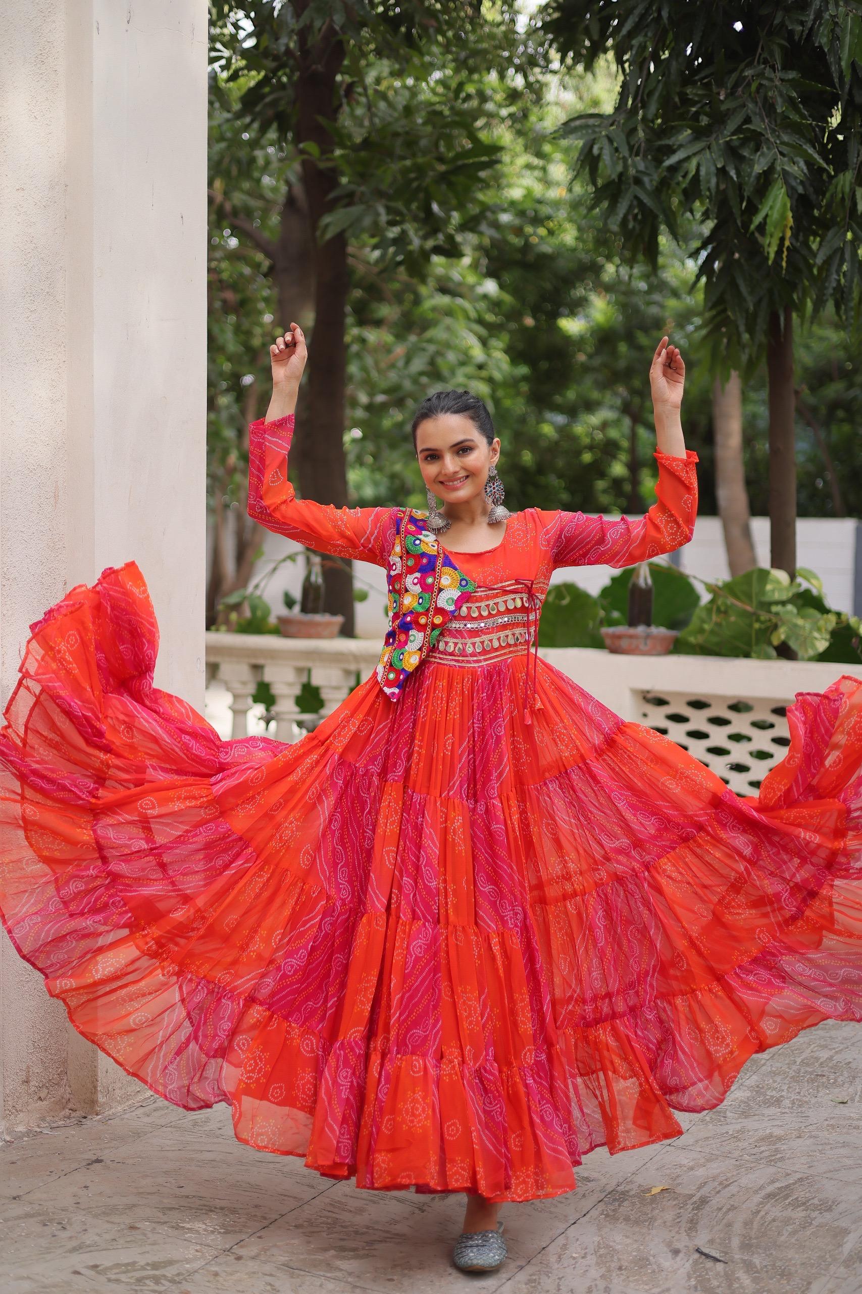 Prazu Fashion Red Georgette Leheriya & Bandhej Print With Kutchi Work Navratri Gown