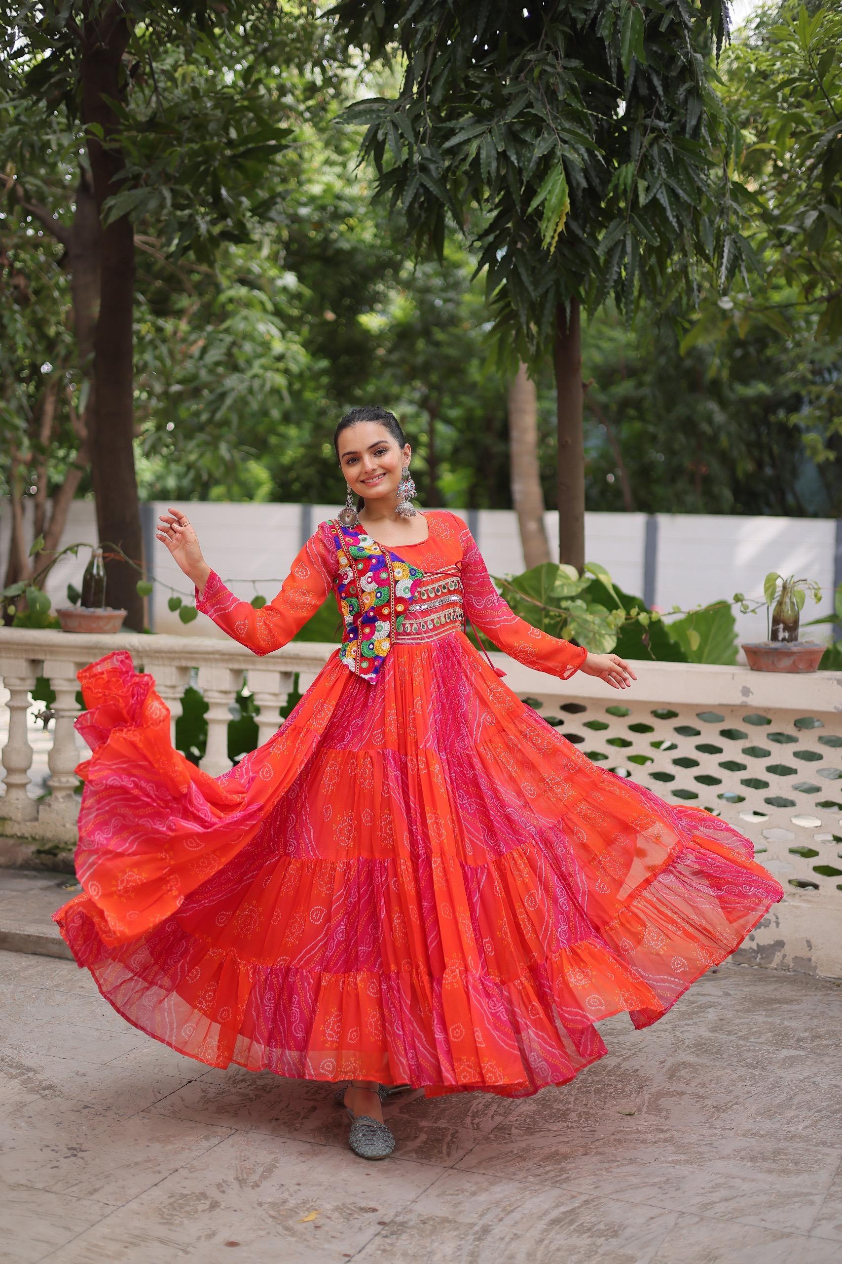 Prazu Fashion Red Georgette Leheriya & Bandhej Print With Kutchi Work Navratri Gown