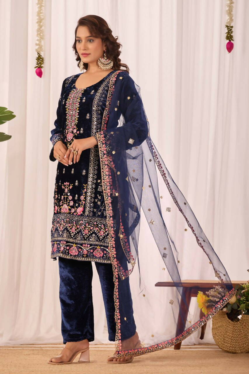 Joban Fashion Blue Velvet Embroidery Sequence Work Readymade Kurta Set