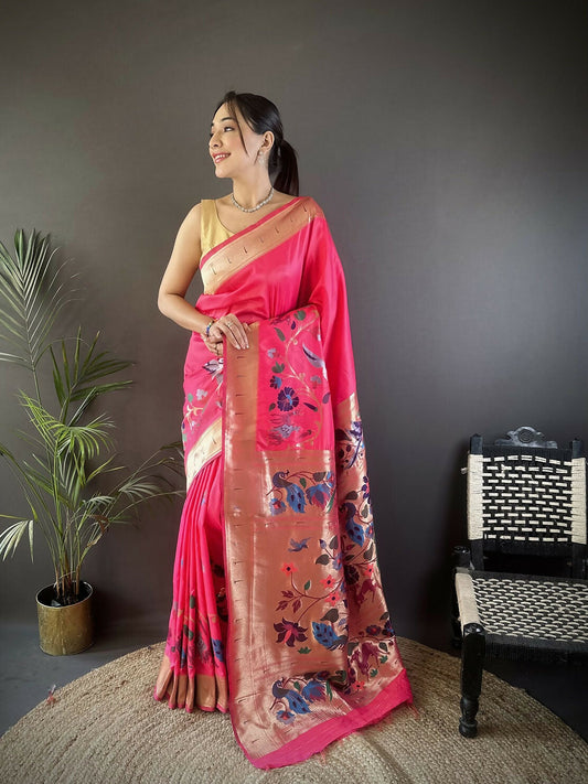 Joban Fashion Pink Floral Paithani Sarees