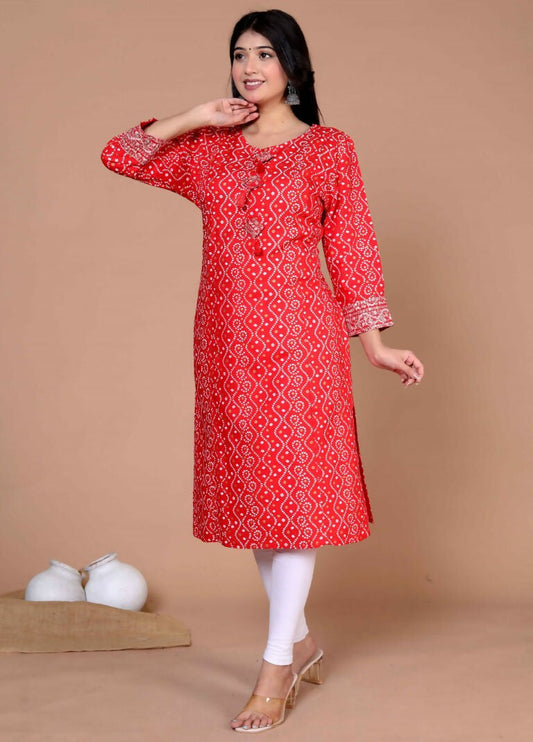 Miravan Women's Festive Wear Red Bandhani Printed Straight Kurta 