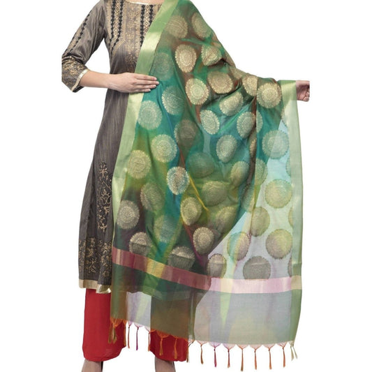 A R Silk Women's Vanarsi Green Silk Zari Embroidery With Multi Color Fancy Dupatta | Grab2Buy