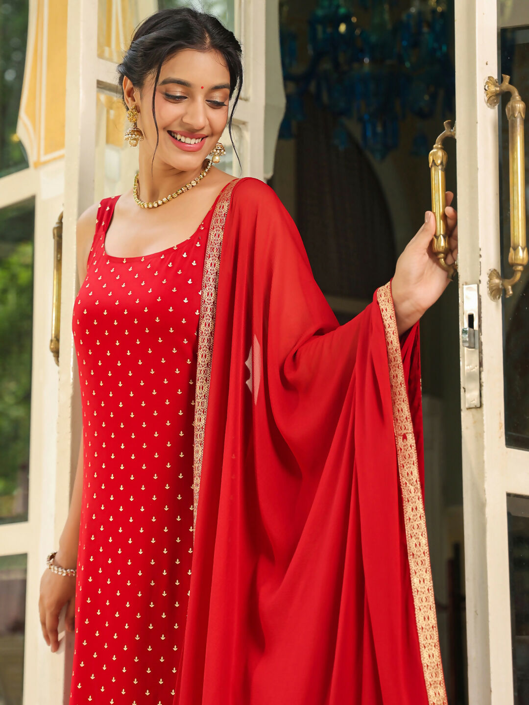 Janasya Maroon Rayon Foil Print Kurta,Bottom & Dupatta 