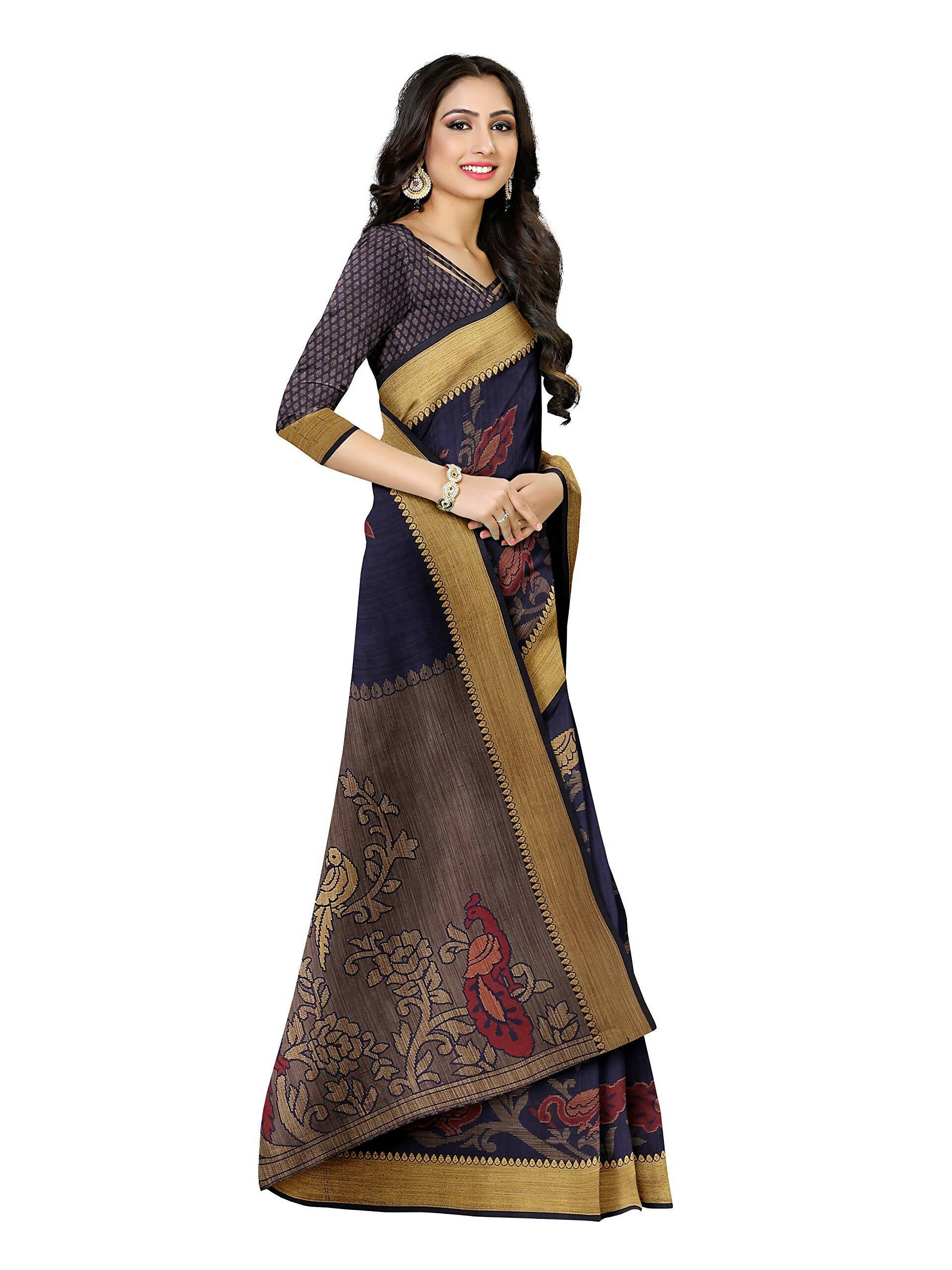 Mimosa Women's Kanchipuram Art Silk Navy Blue Saree