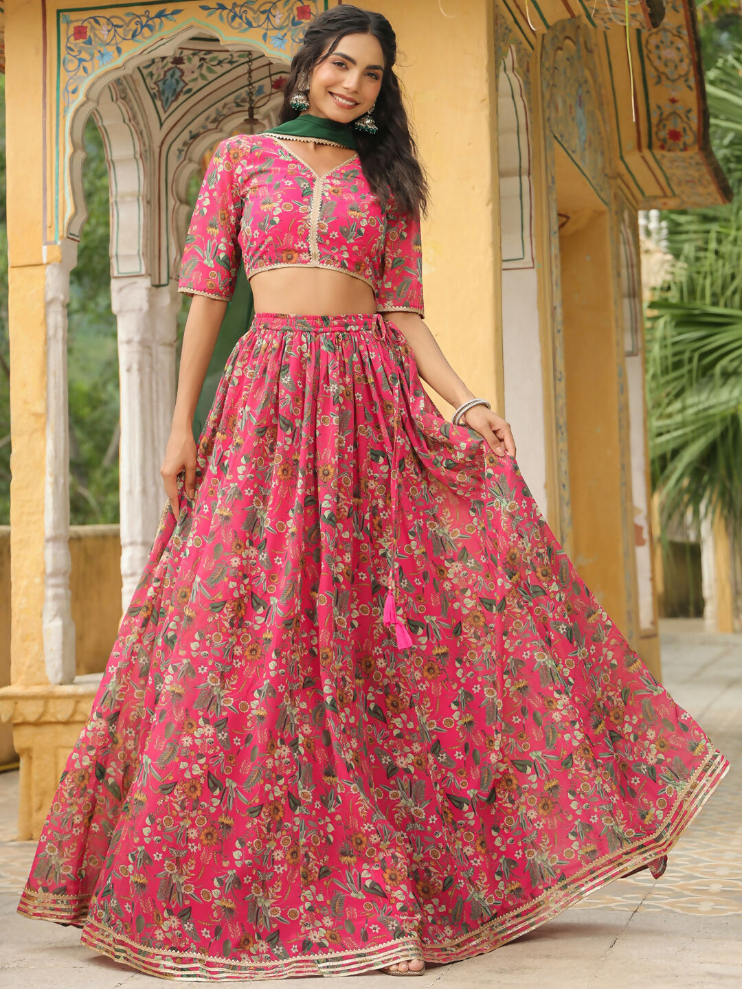 Janasya Pink Georgette Floral Lehenga Choli Dupatta 