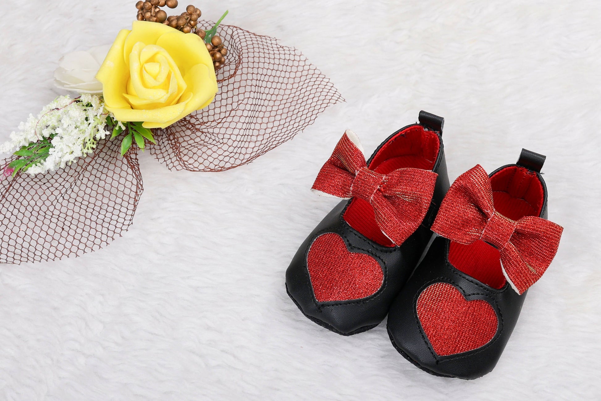 Tiny Bugs Girls Heart Bow Detailing Booties - Black & Red  Grab2Buy Tiny Bugs Grab2Buy