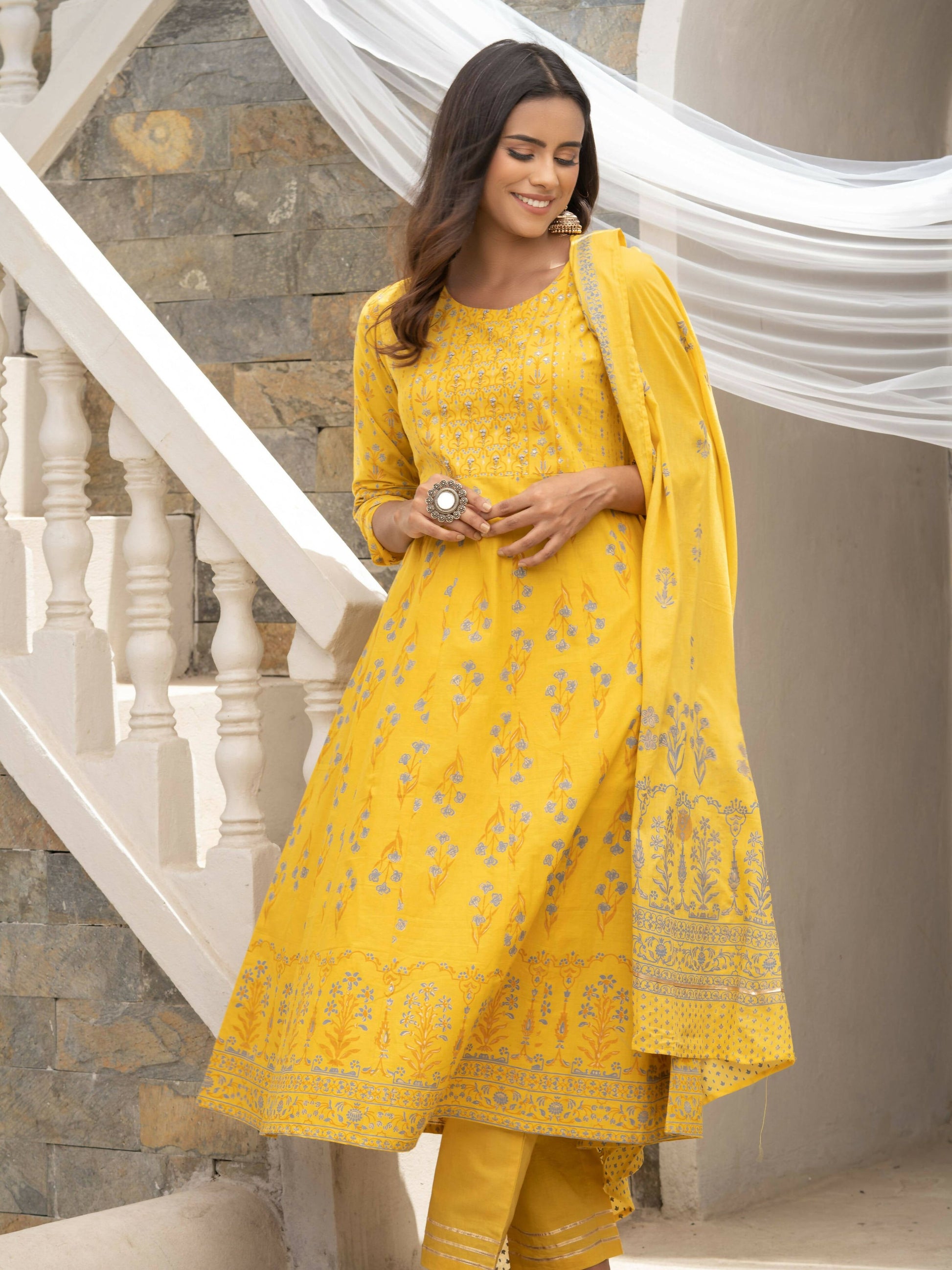Mustard Cotton Cambric Printed with Sequins work Anarkali Kurta with Pant & Dupatta - Akashara