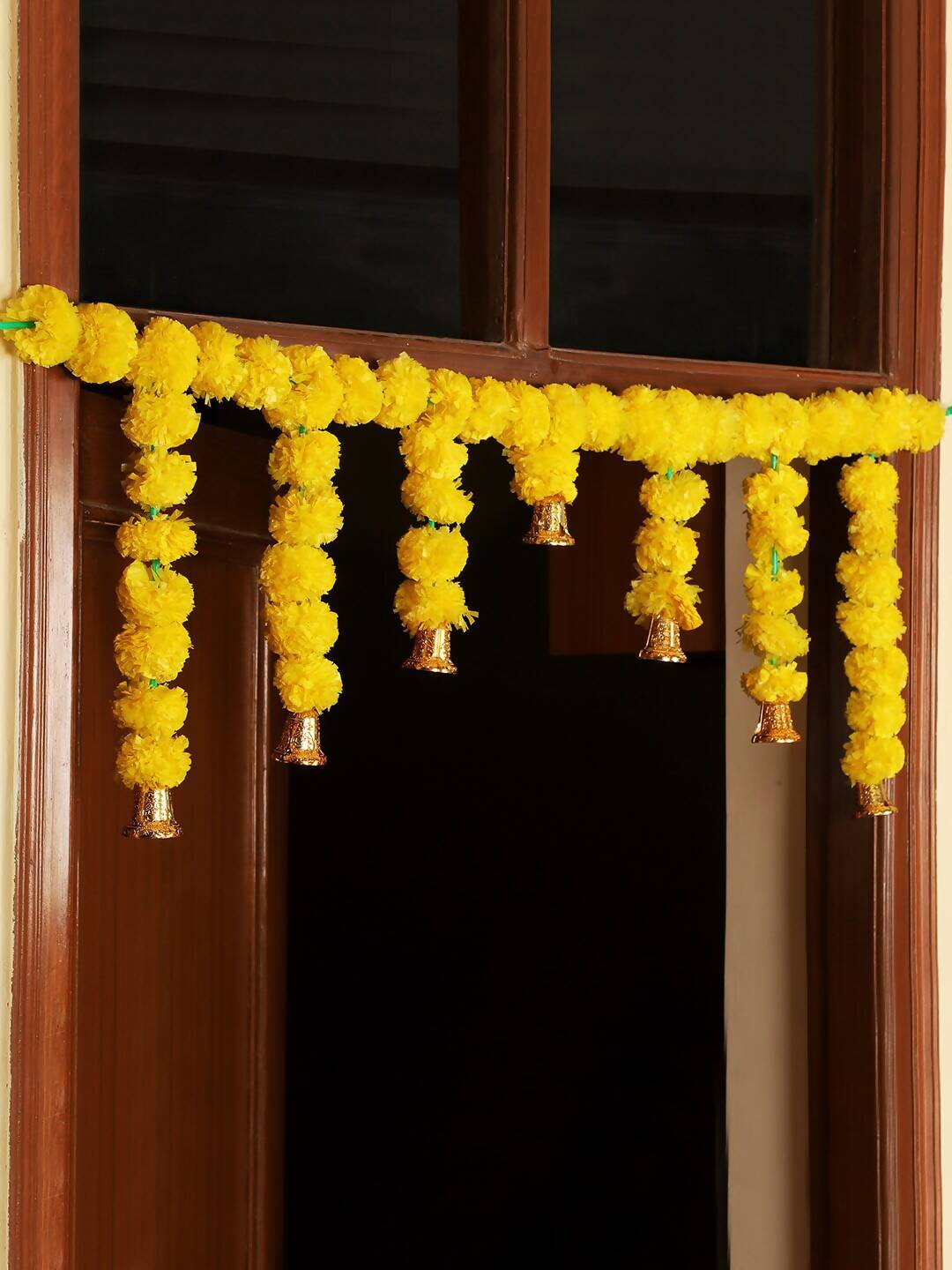 Tied Ribbons Yellow Entrance Hanging Marigold Flowers Bandhanwar Toran Garland with Bells 