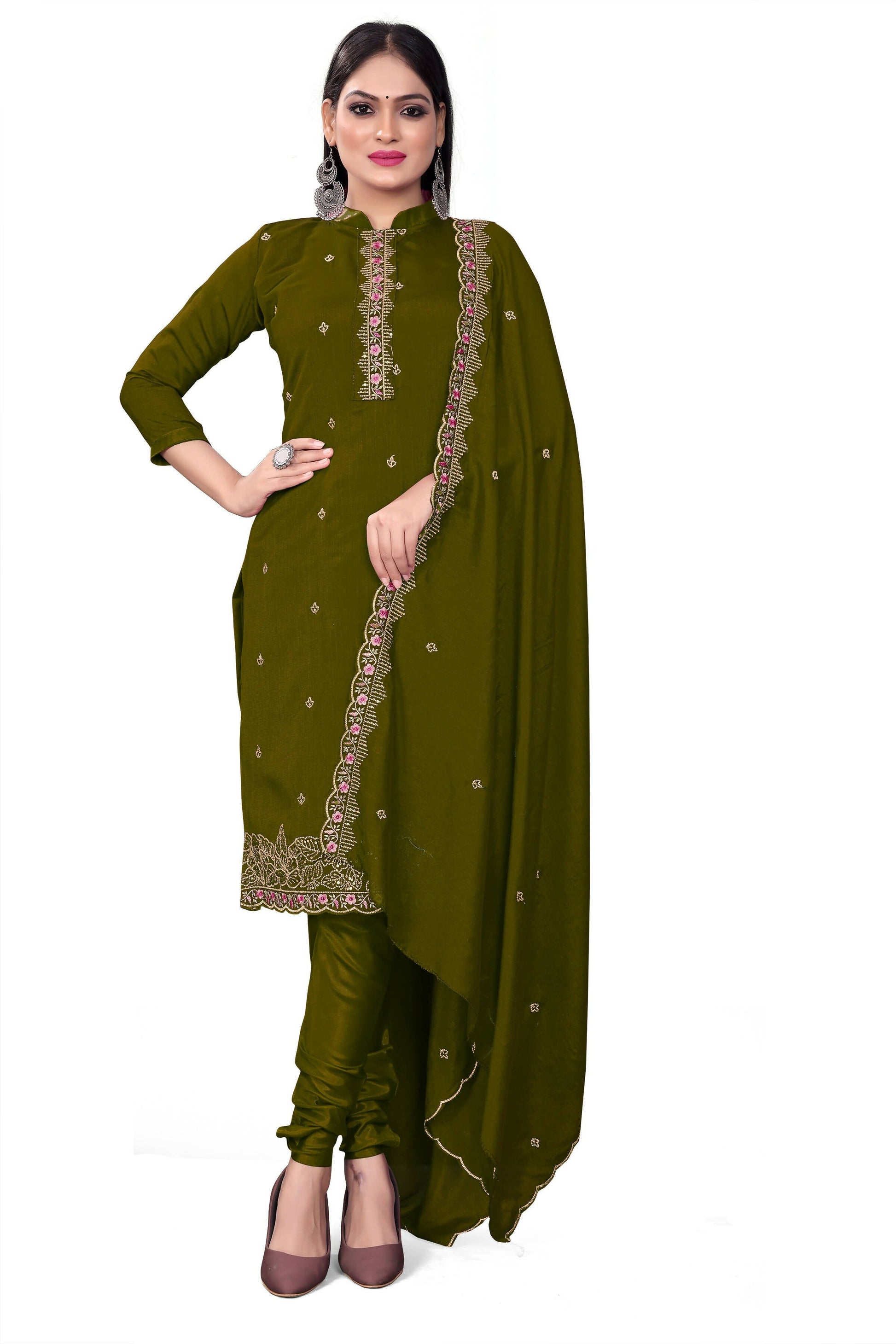Green Silk Embroidered with Sequins work Unstitched Dress Material - Tanvi