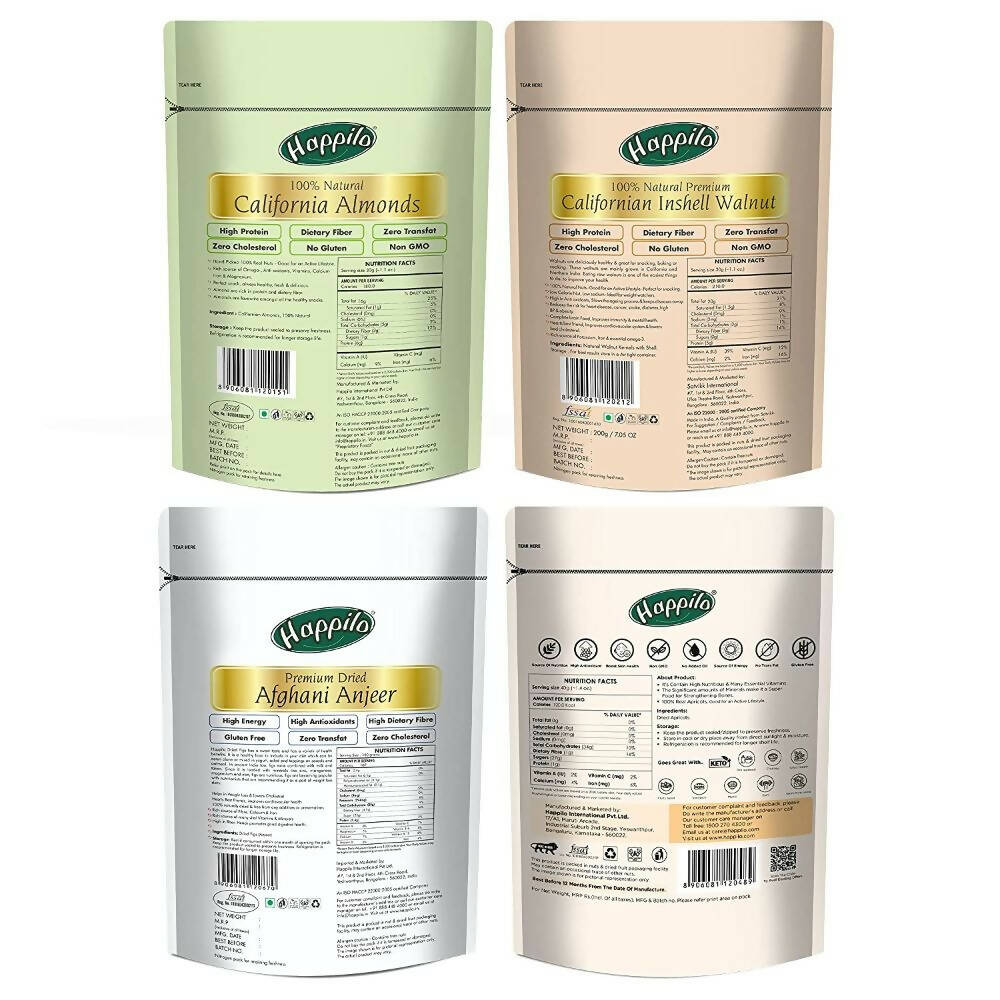 Happilo Premium Californian Almonds, Walnuts Inshell, Afghani Anjeer & Turkish Apricot Combo - Grab2buy