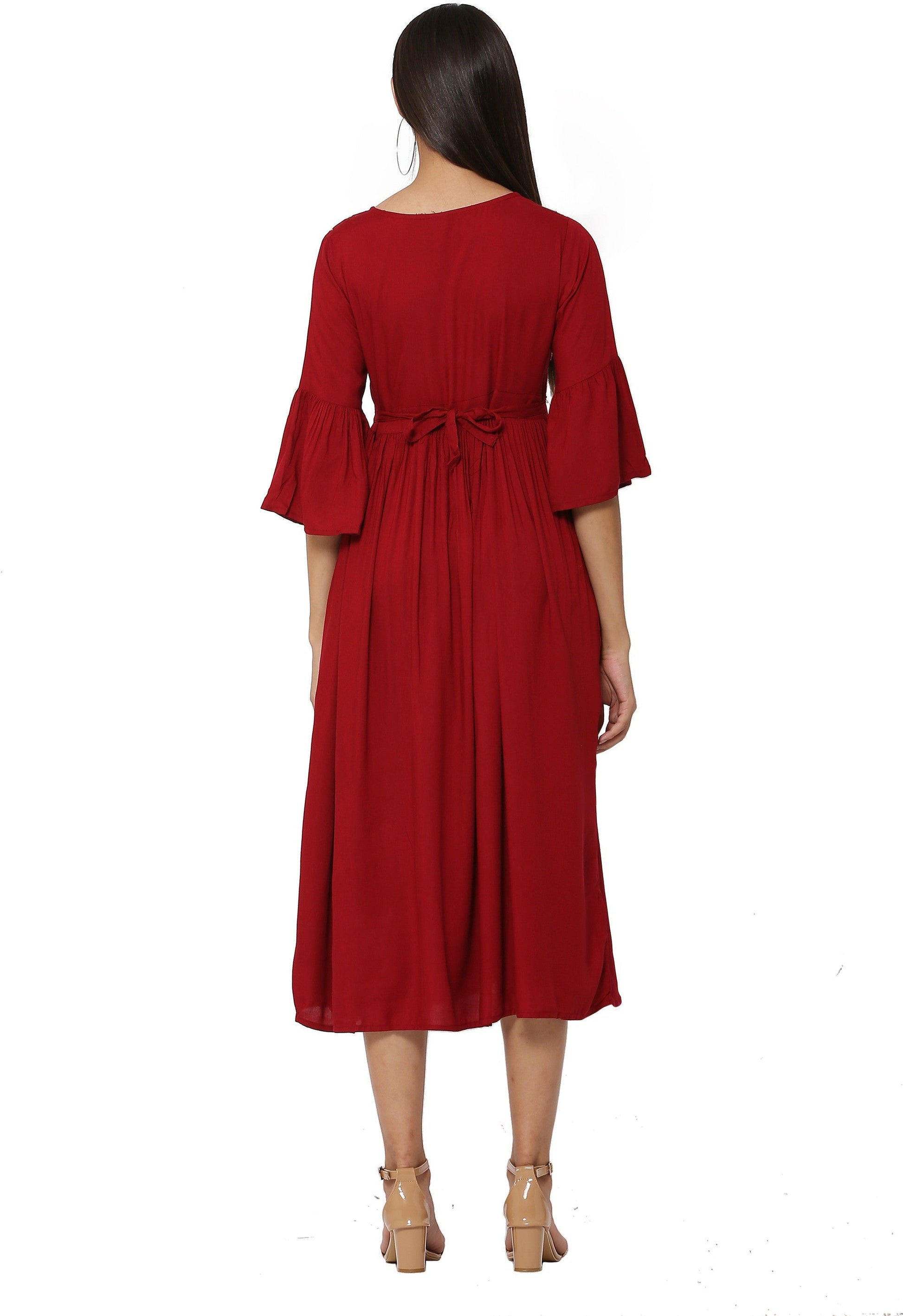 PAVONINE Wine Color Embroidery Work With Button Dress For Women
