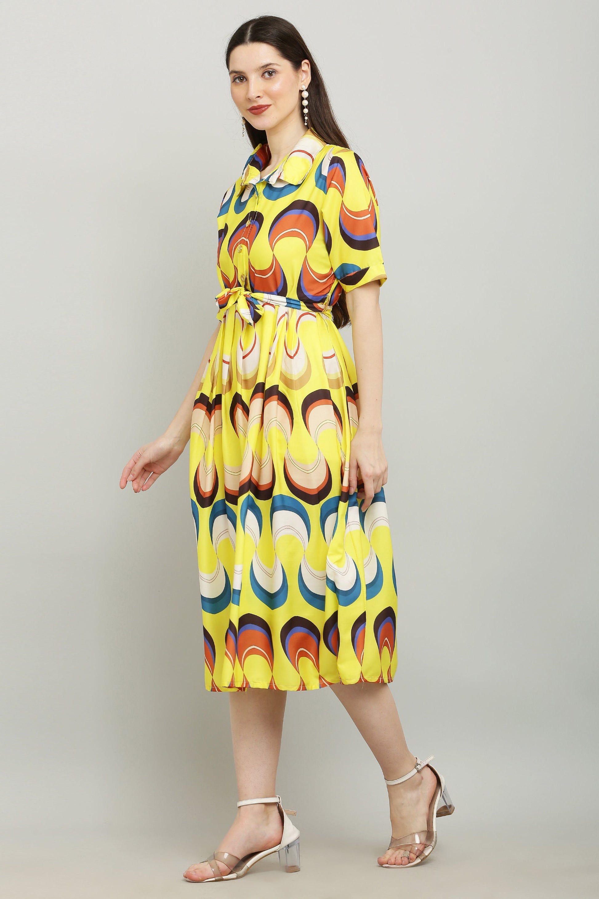 PAVONINE Zig-Zag Multi-Colors Printed Crepe Fabric Yellow Dress For Women