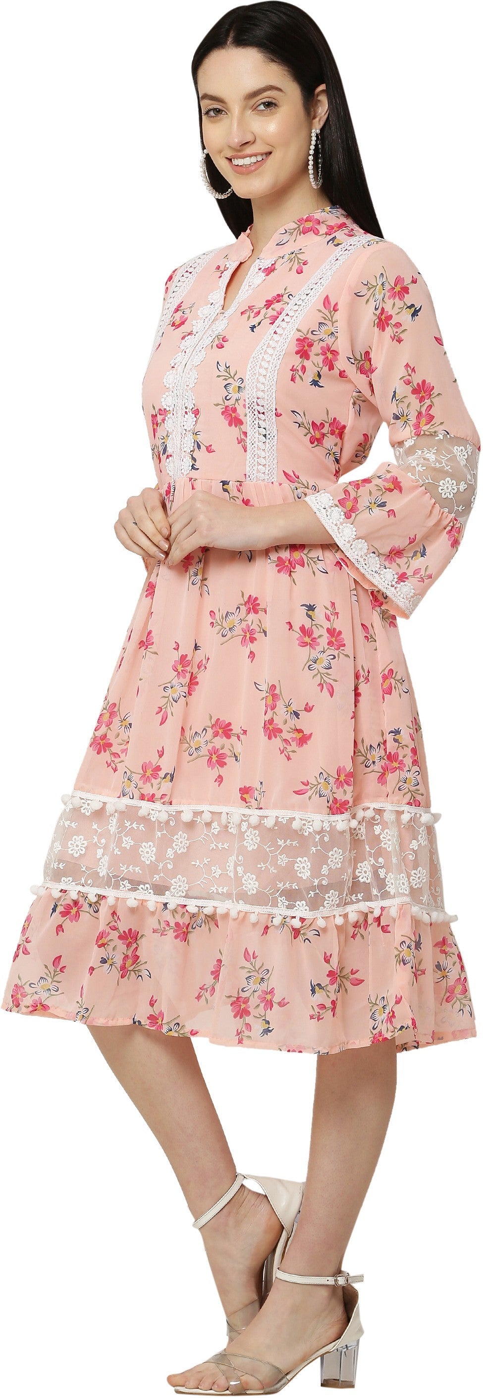 PAVONINE Peach Color Flower Printed Lace Bottom Dress For Girls & Women