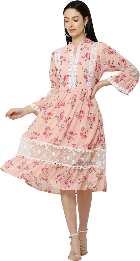 PAVONINE Peach Color Flower Printed Lace Bottom Dress For Girls & Women