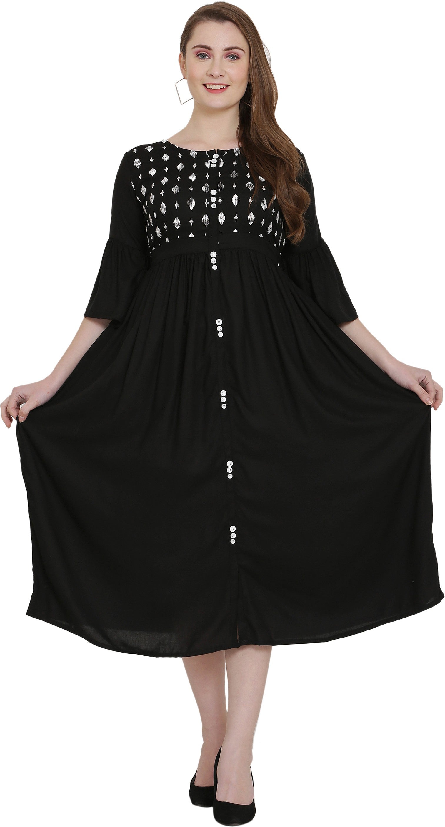 PAVONINE Black Color Embroidery Work With Button Dress For Women