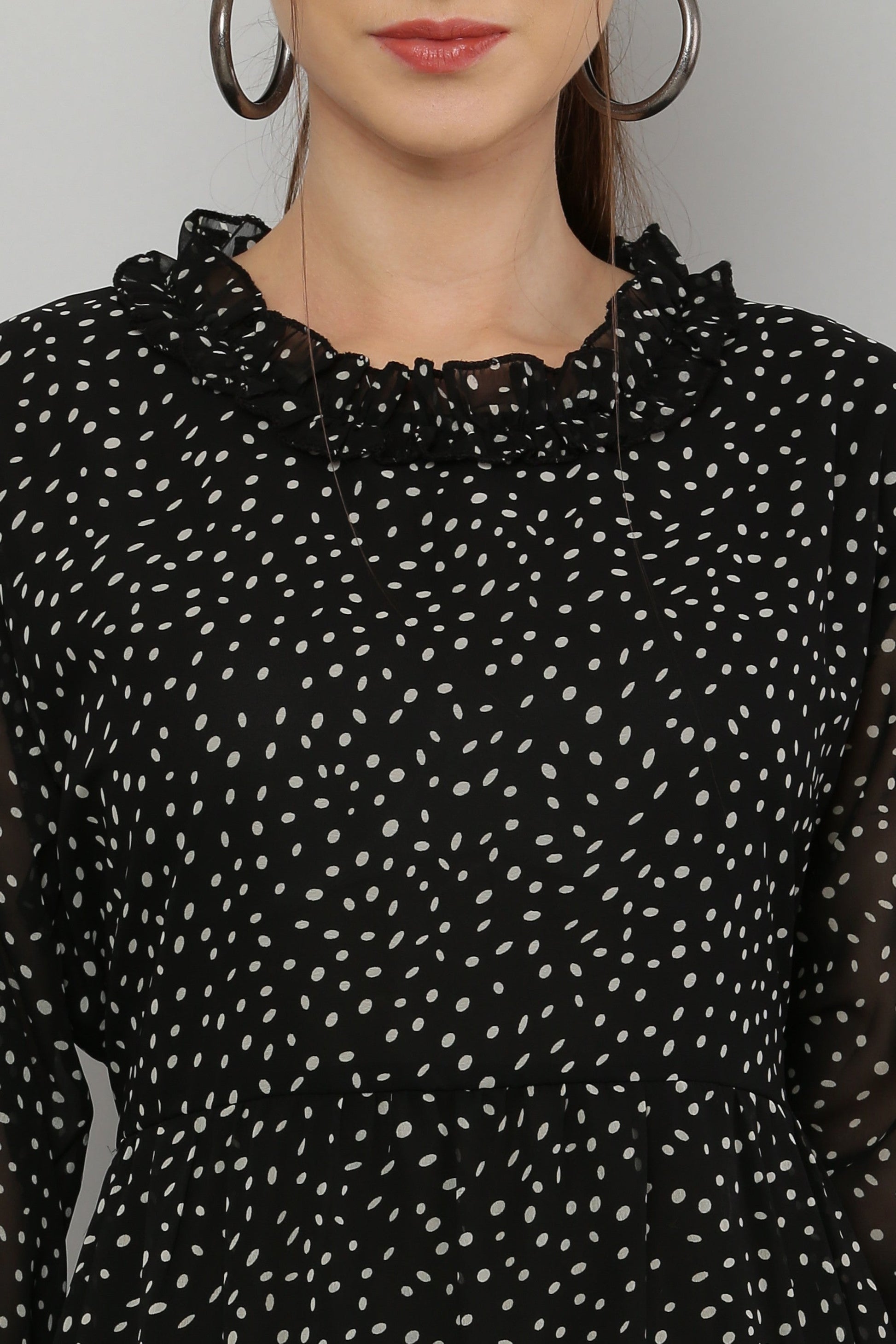 PAVONINE Micro Dots Frill-Neck Georgette Fabric Black Dress For Women