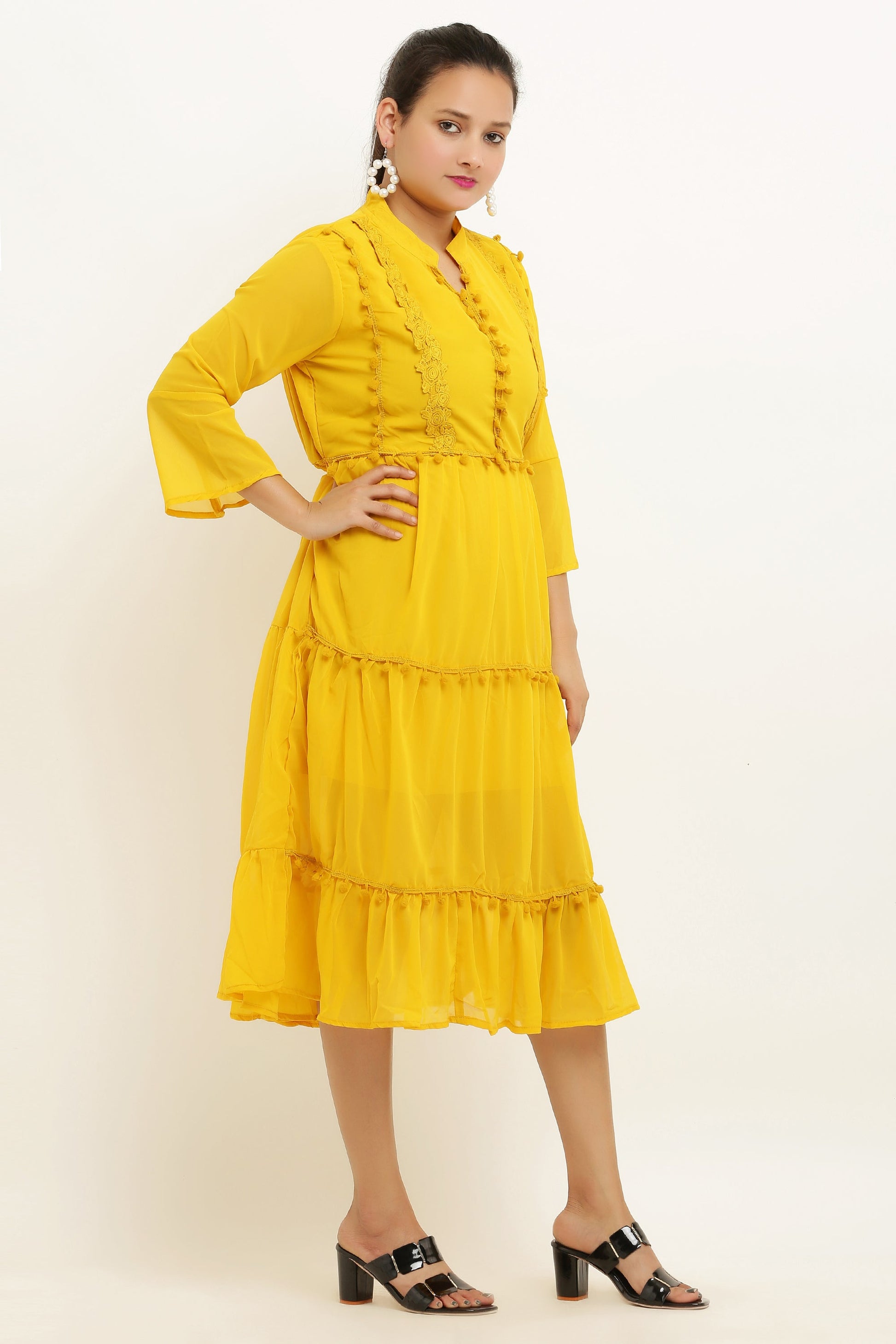 PAVONINE Pum Pum & Lace Inserted Mustard Color Dress For Girls & Women