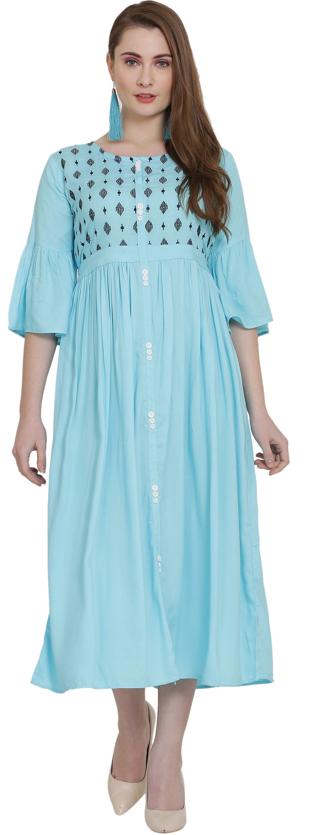 PAVONINE Firozi Color Embroidery Work With Button Dress For Women