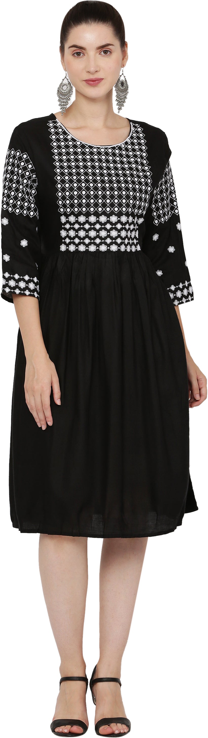 PAVONINE Black Color Polka Dots Embroidery Dress For Women