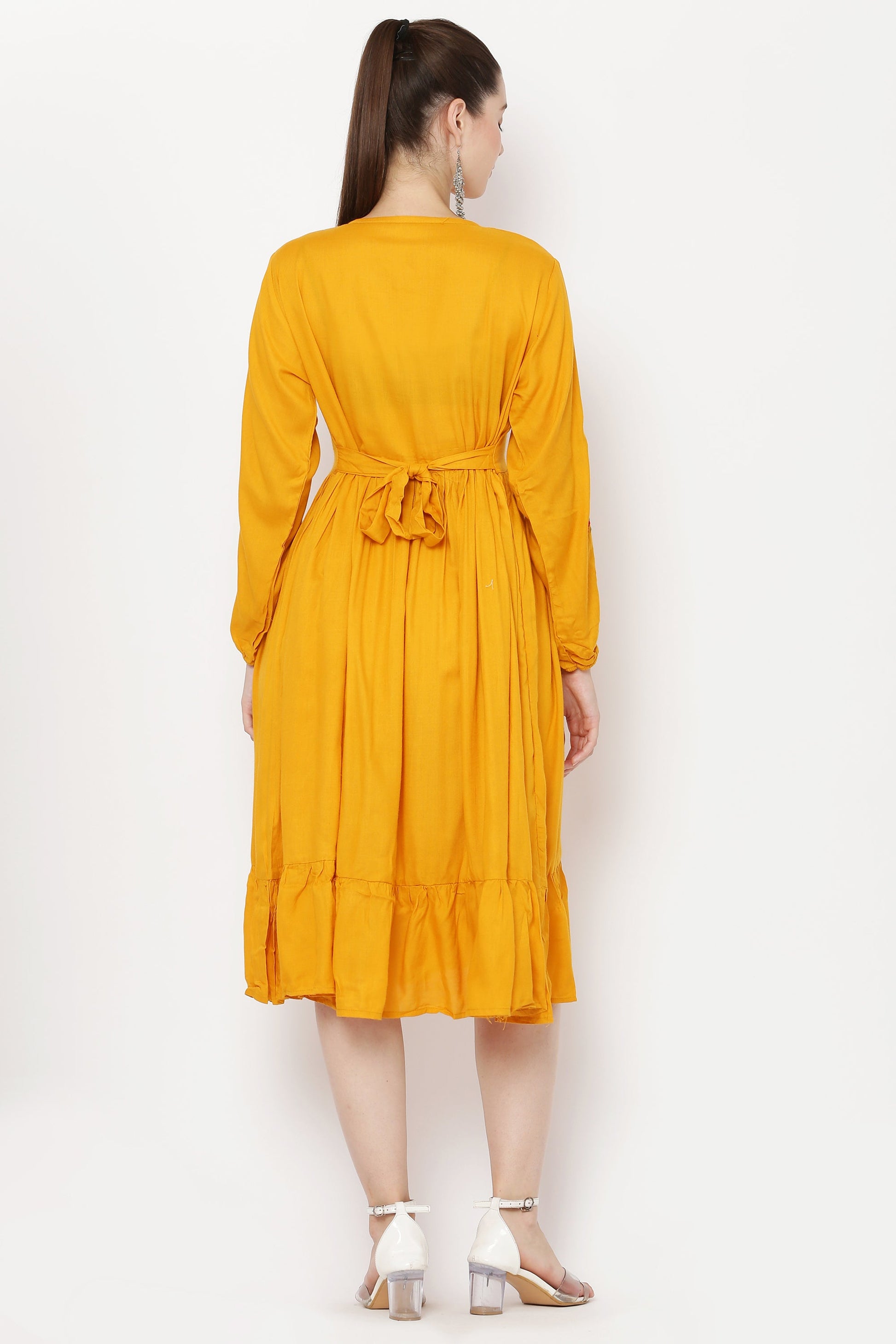 PAVONINE Mustard Color Flower Embroidery Dress For Women