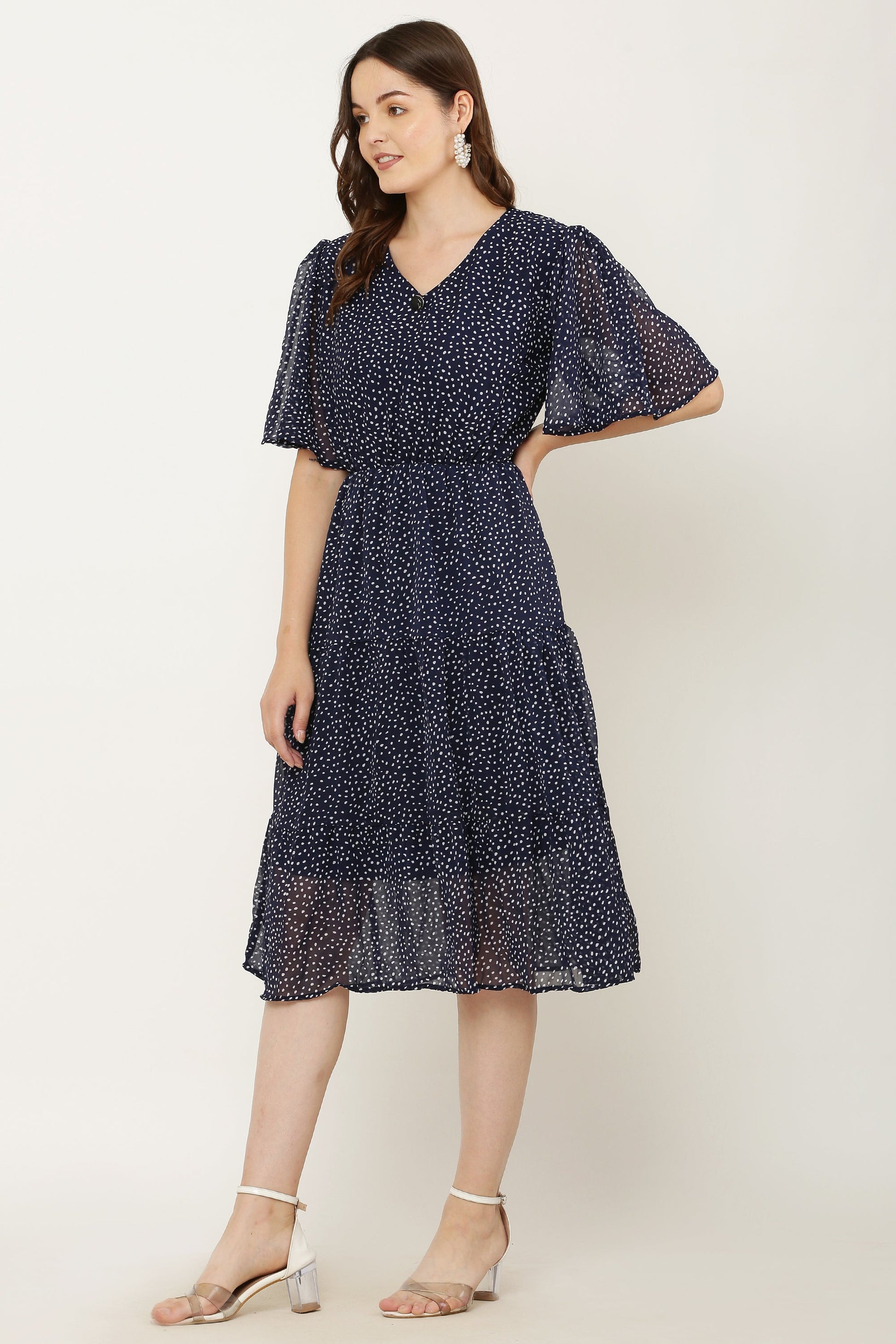 PAVONINE Micro Dots V-Neck Georgette Fabric Navy Blue Dress For Women