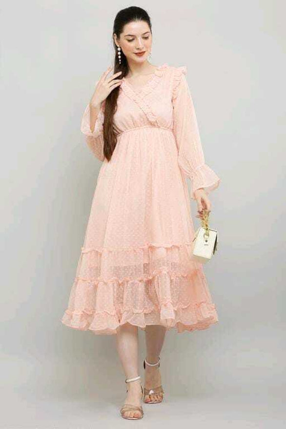 PAVONINE Buta-Design With V-Neck Peach Dress For Girls & Women