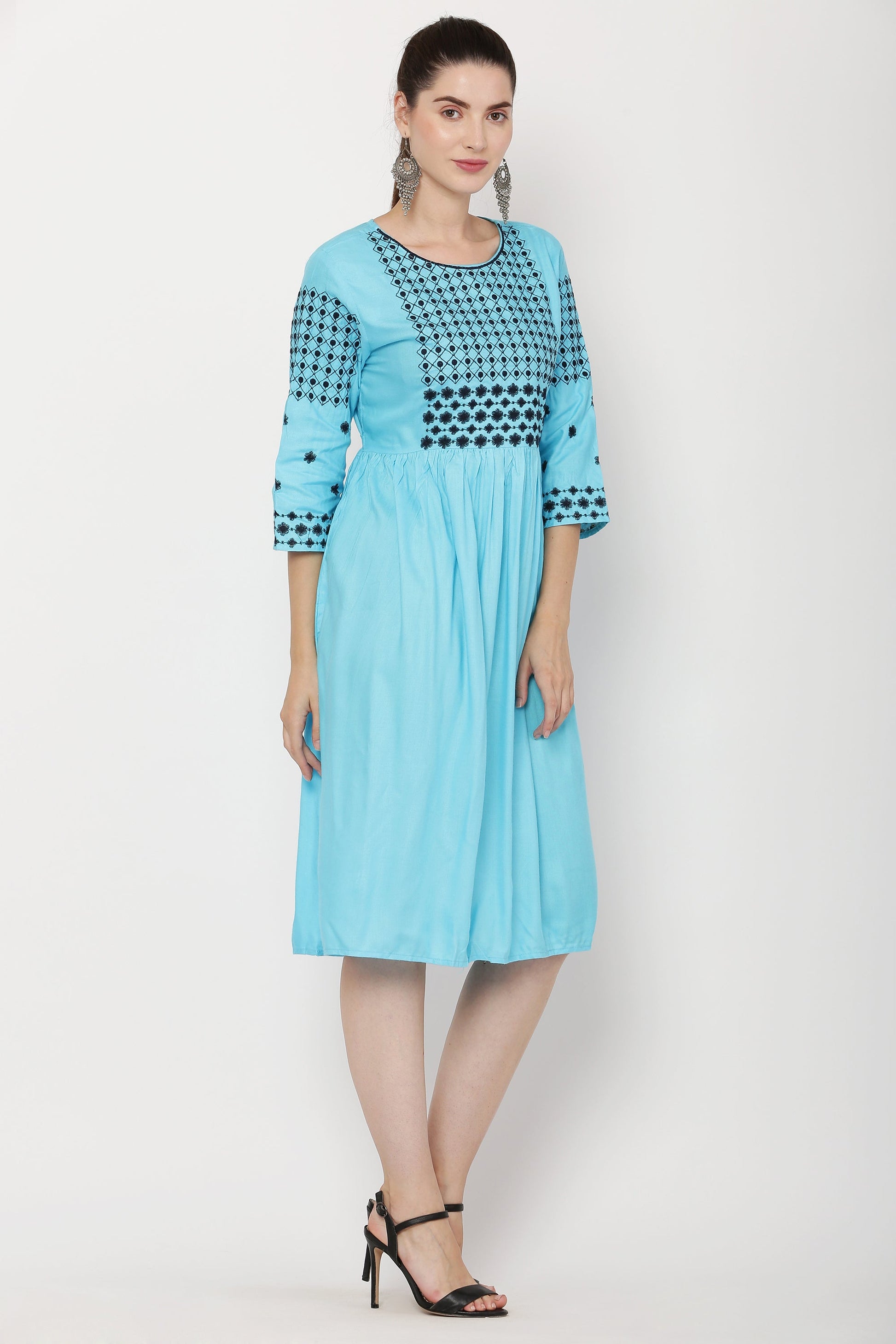 PAVONINE Firozi Color Polka Dots Embroidery Dress For Women