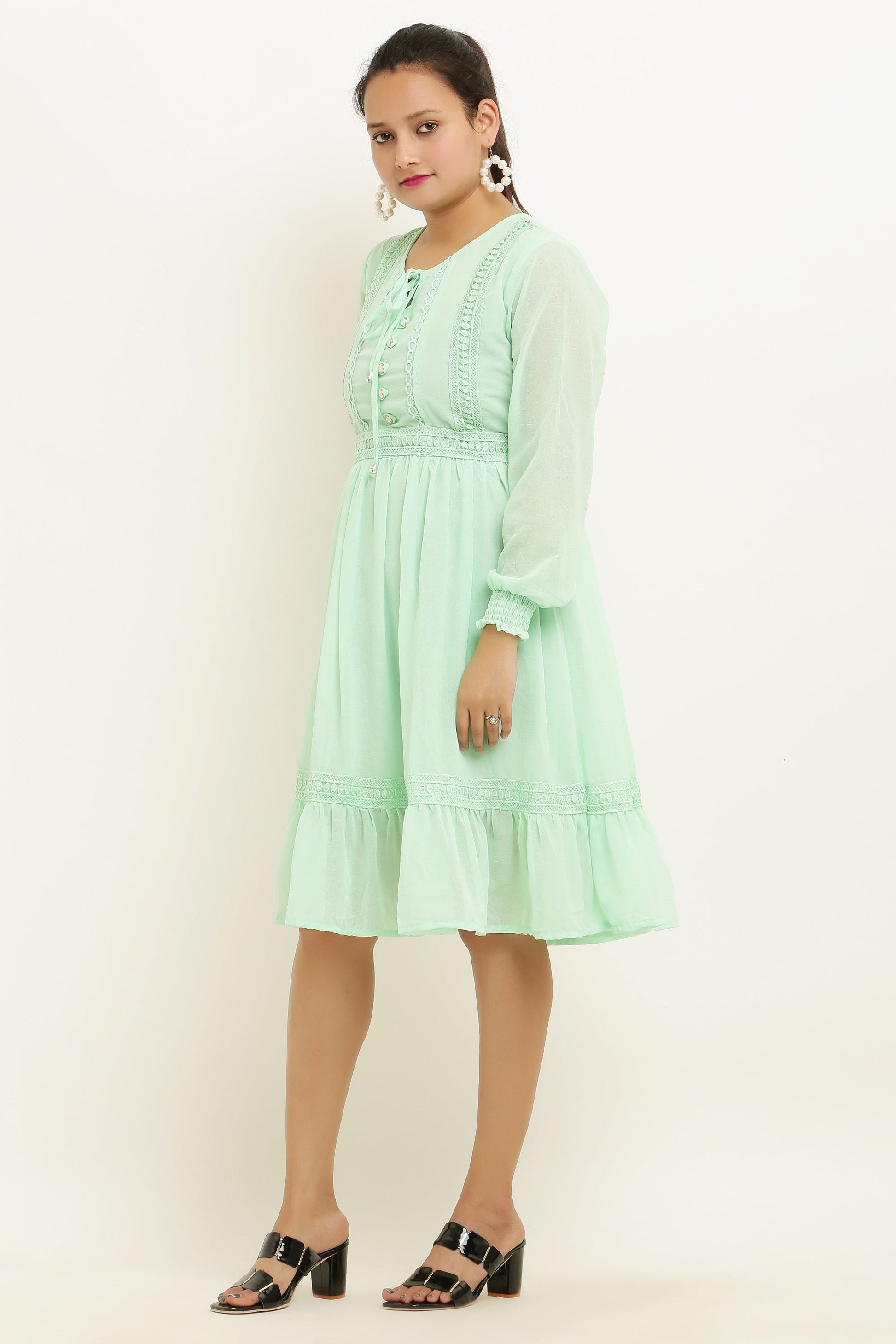 PAVONINE Pista Color Georgette Fabric Lace Inserts Midi For Girls