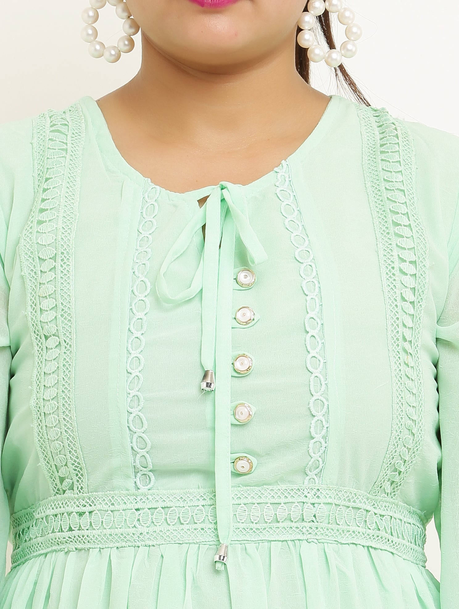 PAVONINE Pista Color Georgette Fabric Lace Inserts Midi For Girls