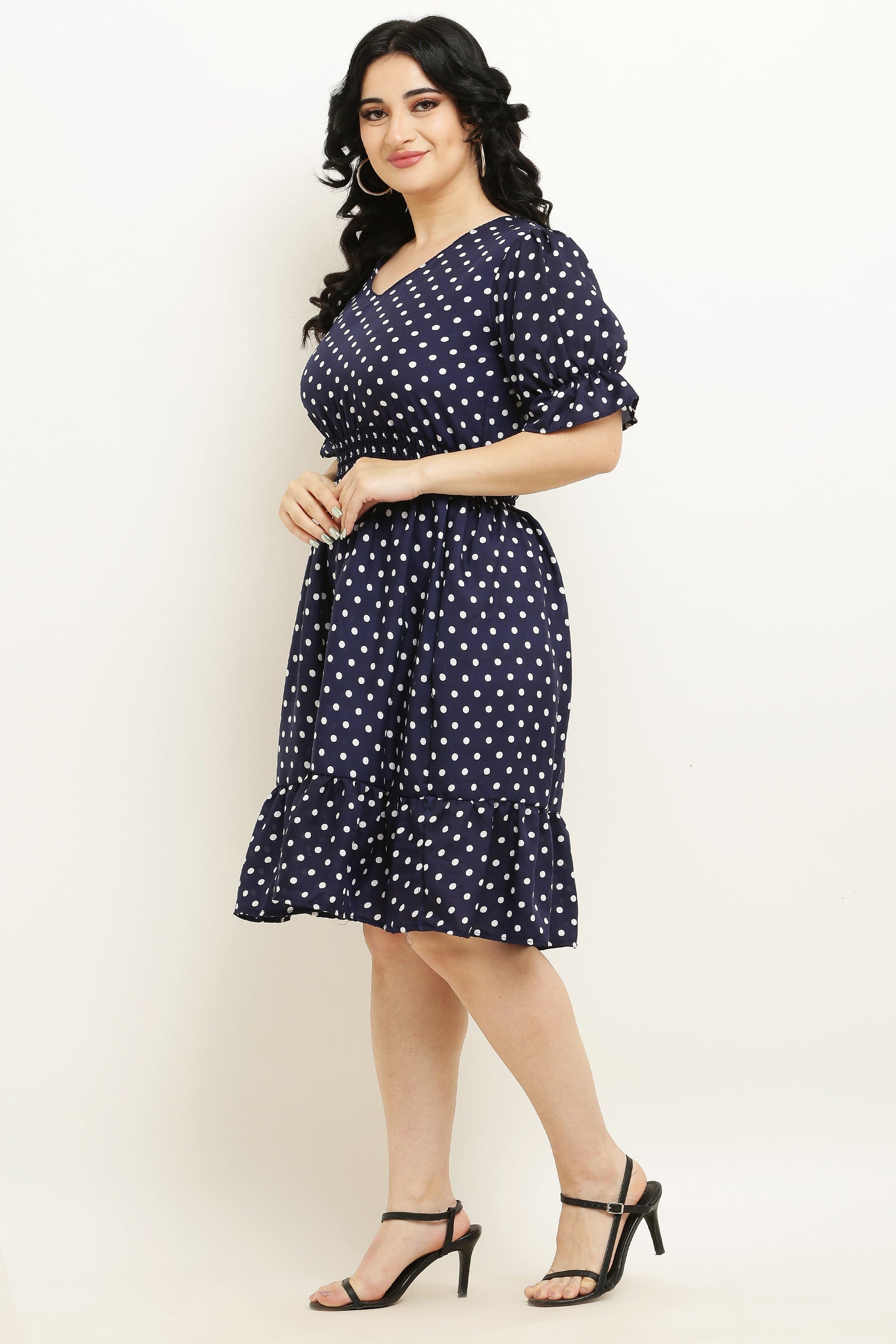 PAVONINE Micro Dots Waist Kansai Crepe Fabric Navy Blue Midi For Girls