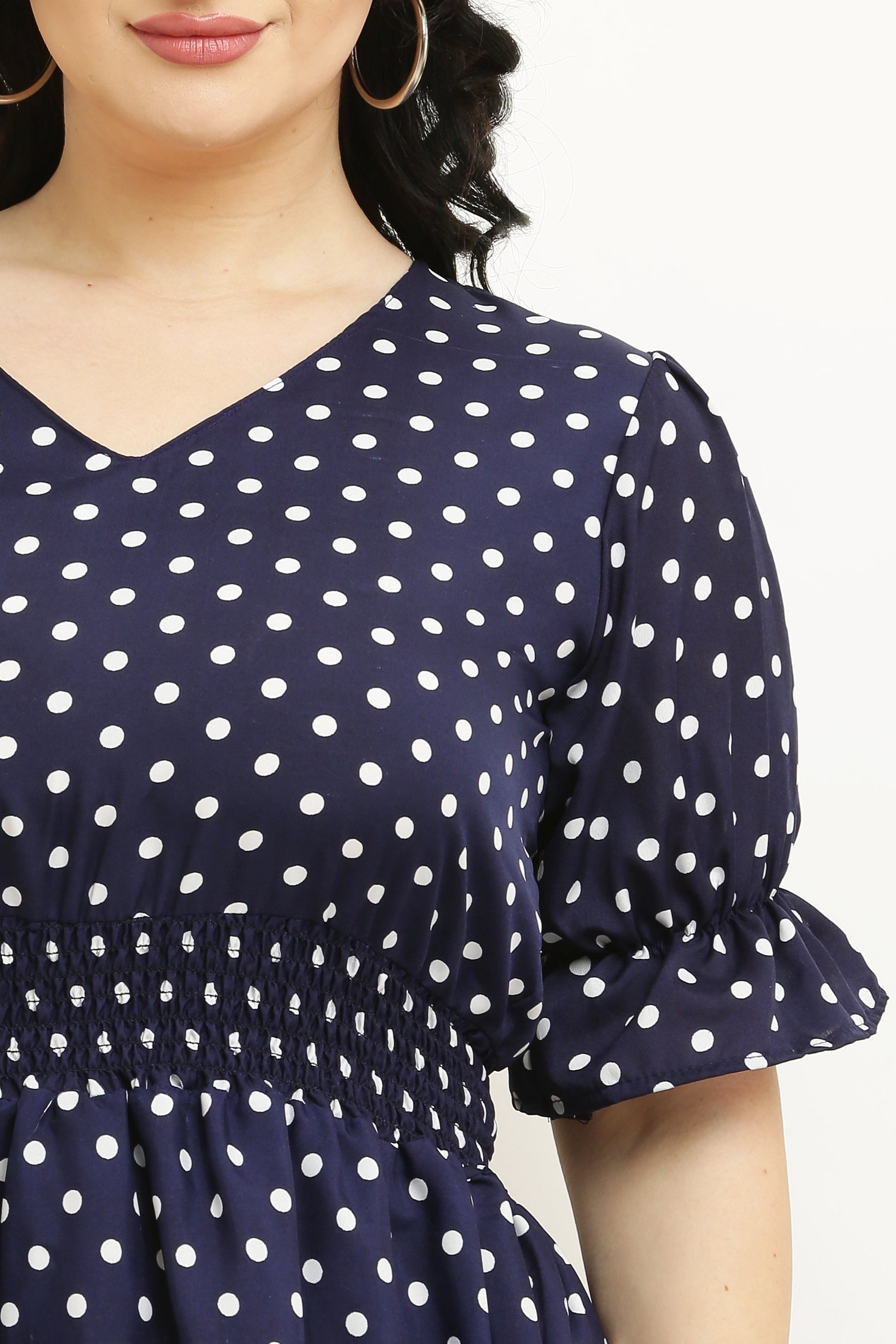 PAVONINE Micro Dots Waist Kansai Crepe Fabric Navy Blue Midi For Girls