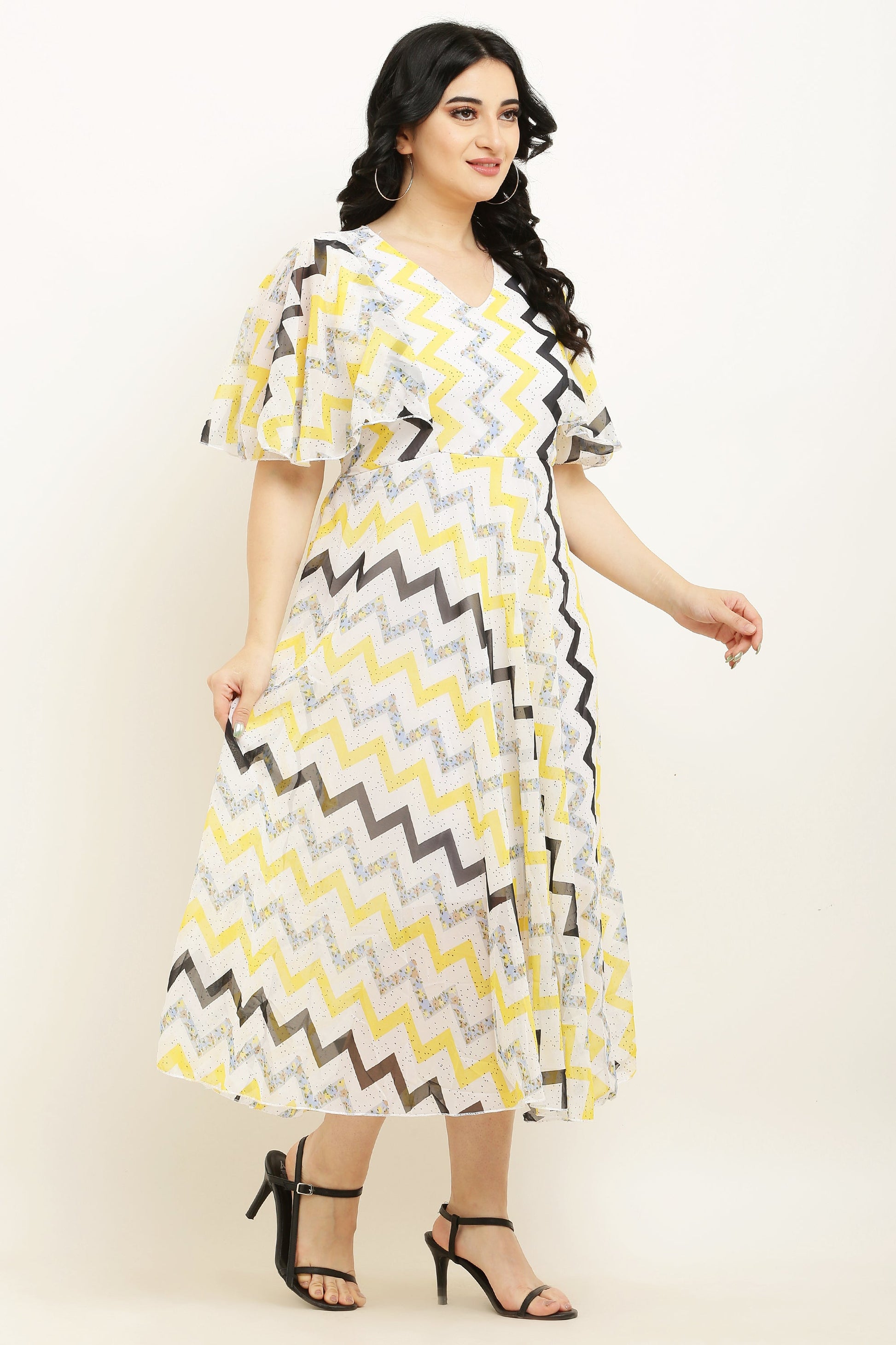 PAVONINE Zig-Zag Printed Georgette Fabric Yellow Dress For Women