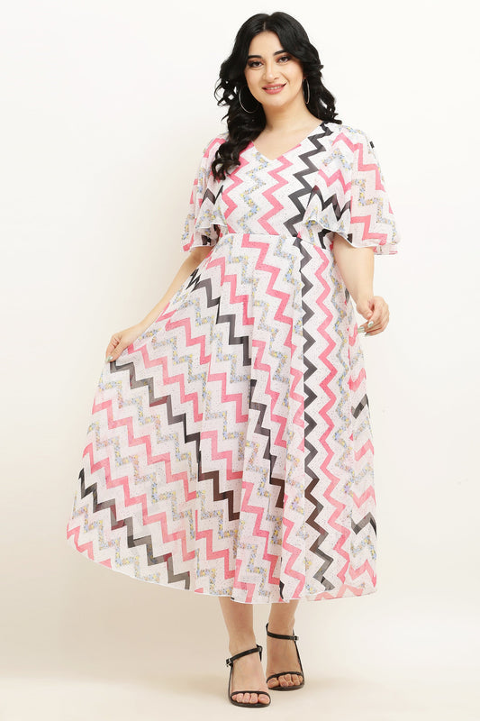 PAVONINE Zig-Zag Printed Georgette Fabric Peach Dress For Women